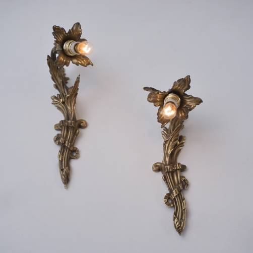 Antique pair Art Nouveau wall lights sconces, lily flower, gilt bronze, 1890`s ca, French